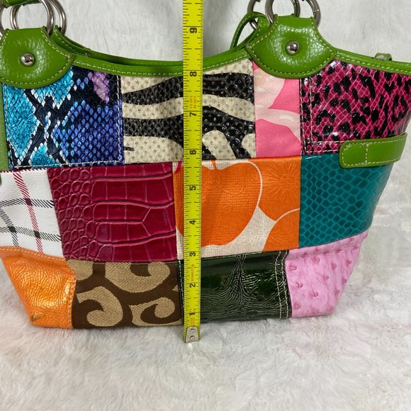 Fashion Handbag Multi Color Block style Bright Green Trim Jacquard - Picture 7 of 14